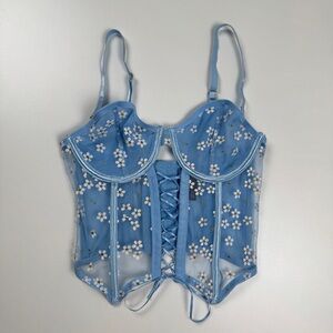 Body Rage Blue Mesh Corset Top White Daisies Sz Small Petite Y2K Coquette Fairy